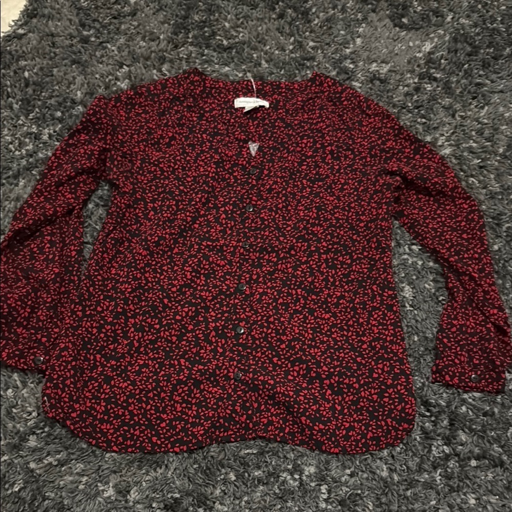 Christopher & Banks Red Long Sleeve Blouse with Mandarin Collar